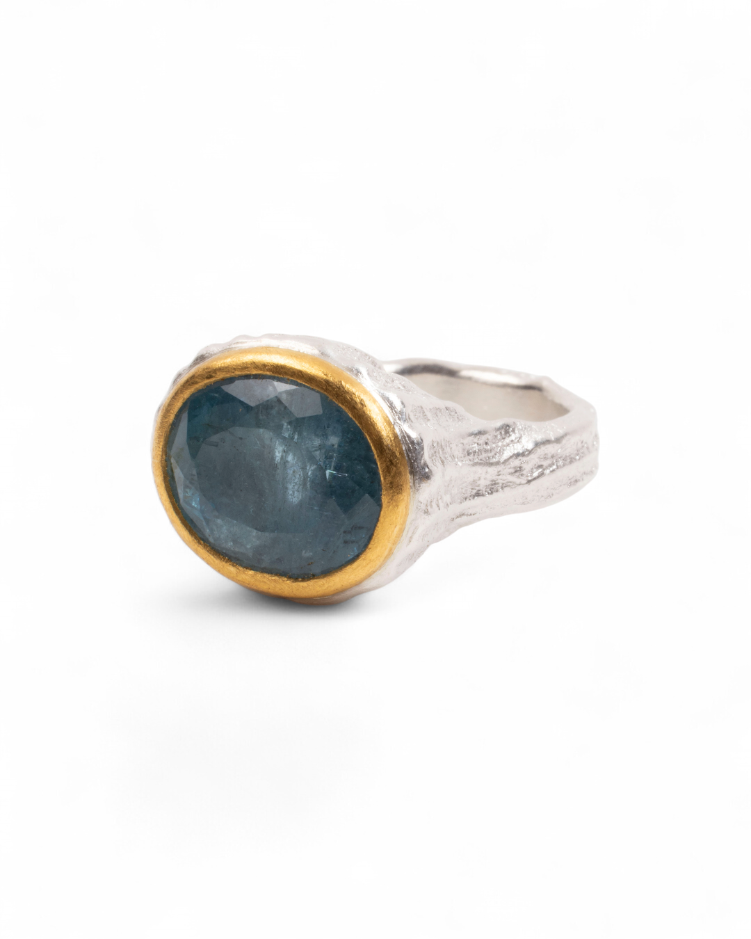 925 Silberring mit blauem Aquamarin (10,67 ct) und 999 Feingold-Fassung - Goldschmiede Krack