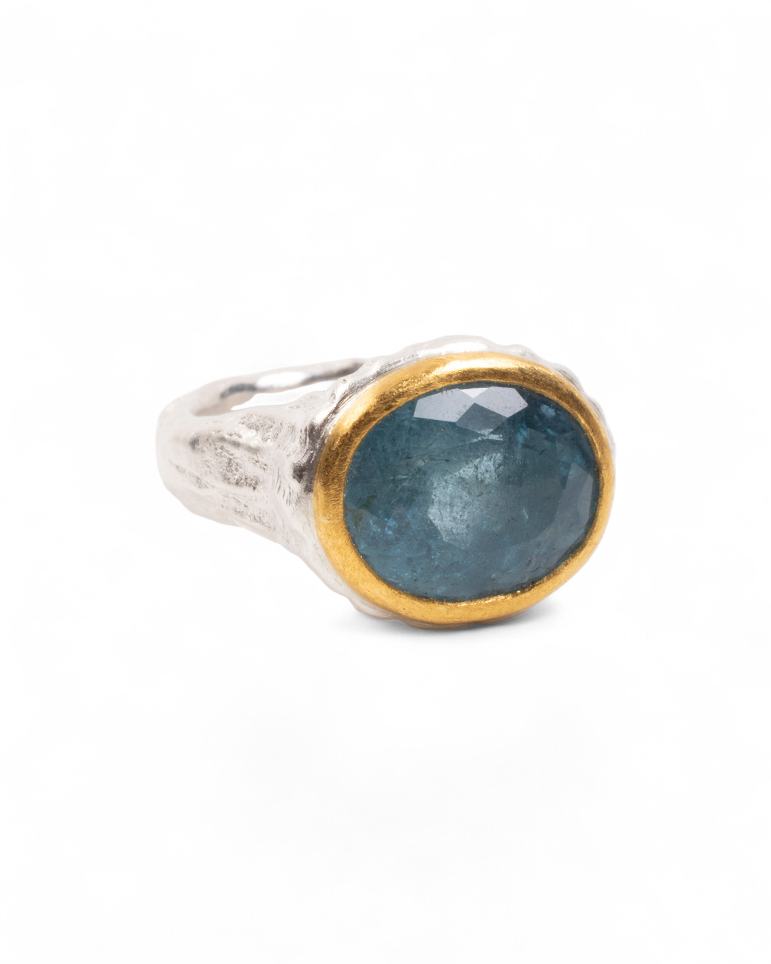 925 Silberring mit blauem Aquamarin (10,67 ct) und 999 Feingold-Fassung - Goldschmiede Krack