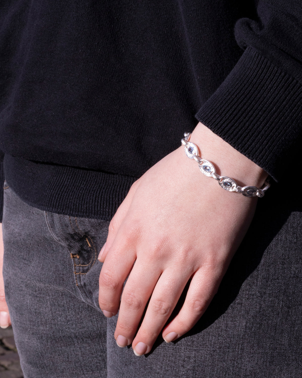 925 Silber Gliederarmband (Ø 10 mm) mit blauem Aquamarin und 750 Gold