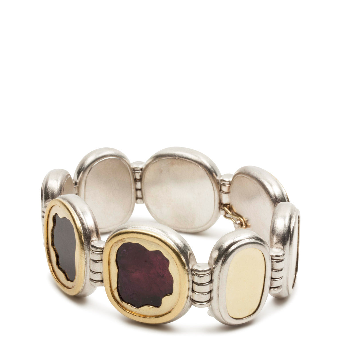 Großer Armreif mit zwei roten Turmalinen (30.0 ct) und Kastenschloss aus Silber und Gold - Goldschmiede Krack - Trauringe & Unikatschmuck aus Deidesheim
