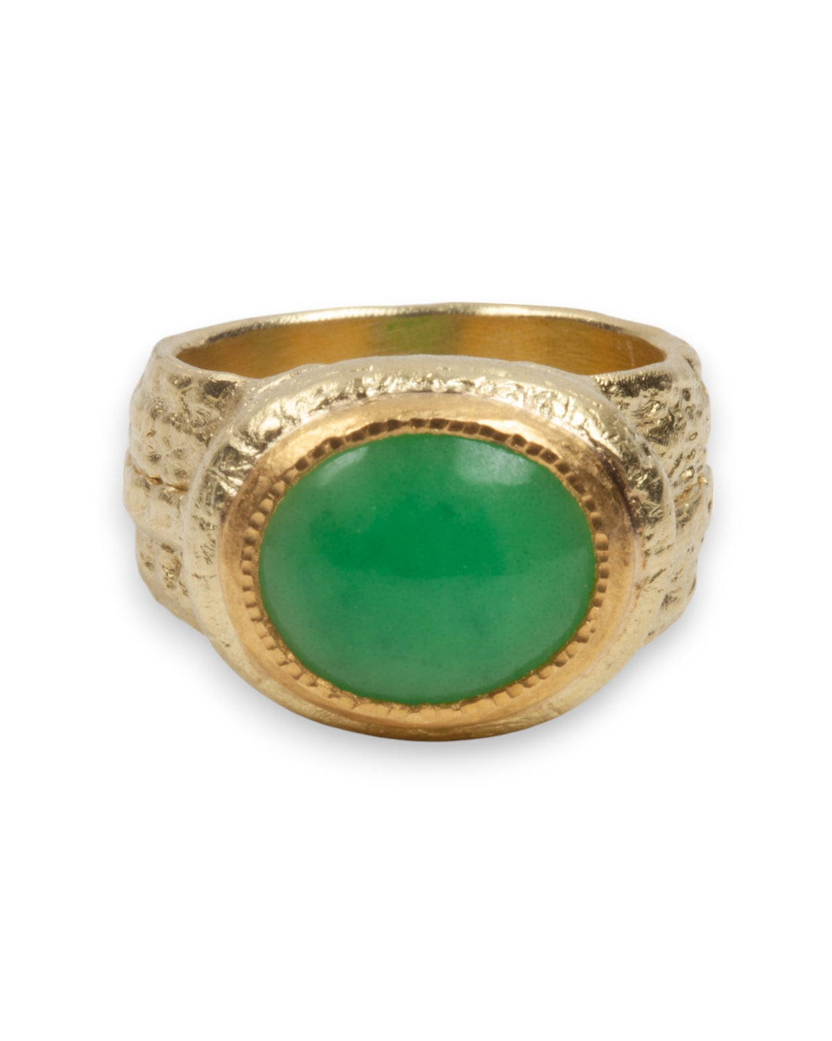 Großer srukturierter 750 Goldring mit grüner Jade