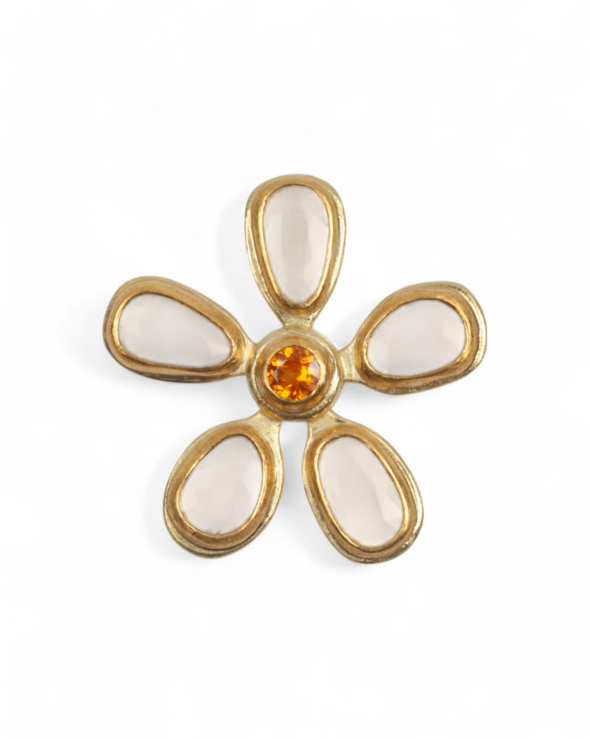 750 Goldanhänger "Blume" mit weißen Mondsteinen und orangenem Mandarin-Granat - Goldschmiede Krack - Trauringe & Unikatschmuck aus Deidesheim