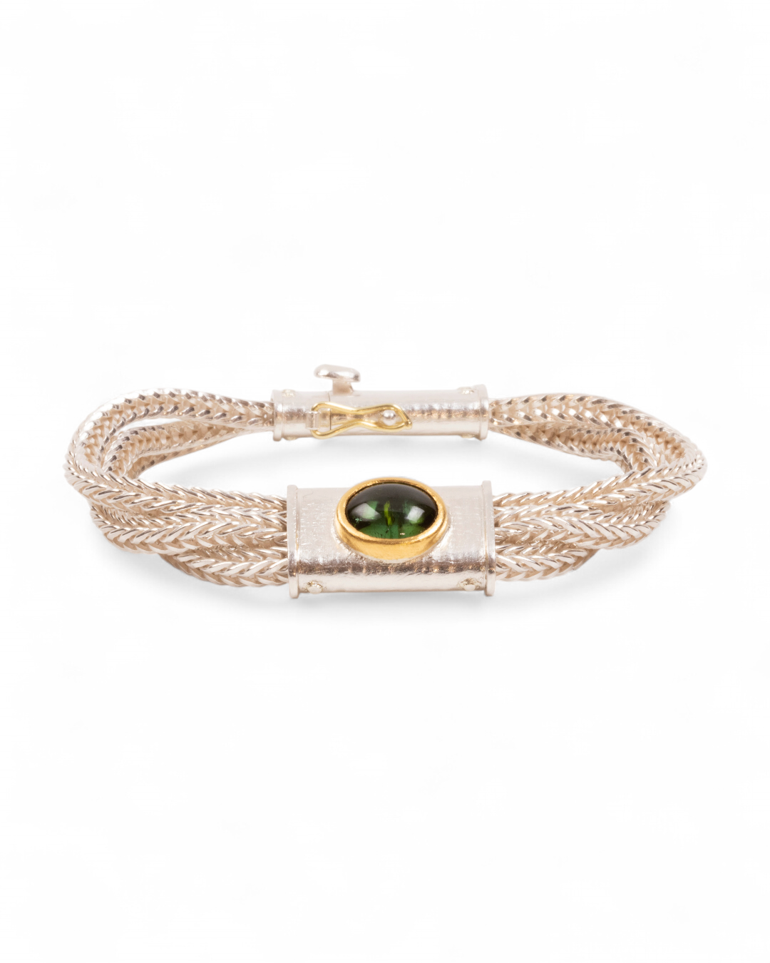 925 Silberarmband mit grünem Turmalin und Fuchsschwanzkette (18 cm) - Goldschmiede Krack
