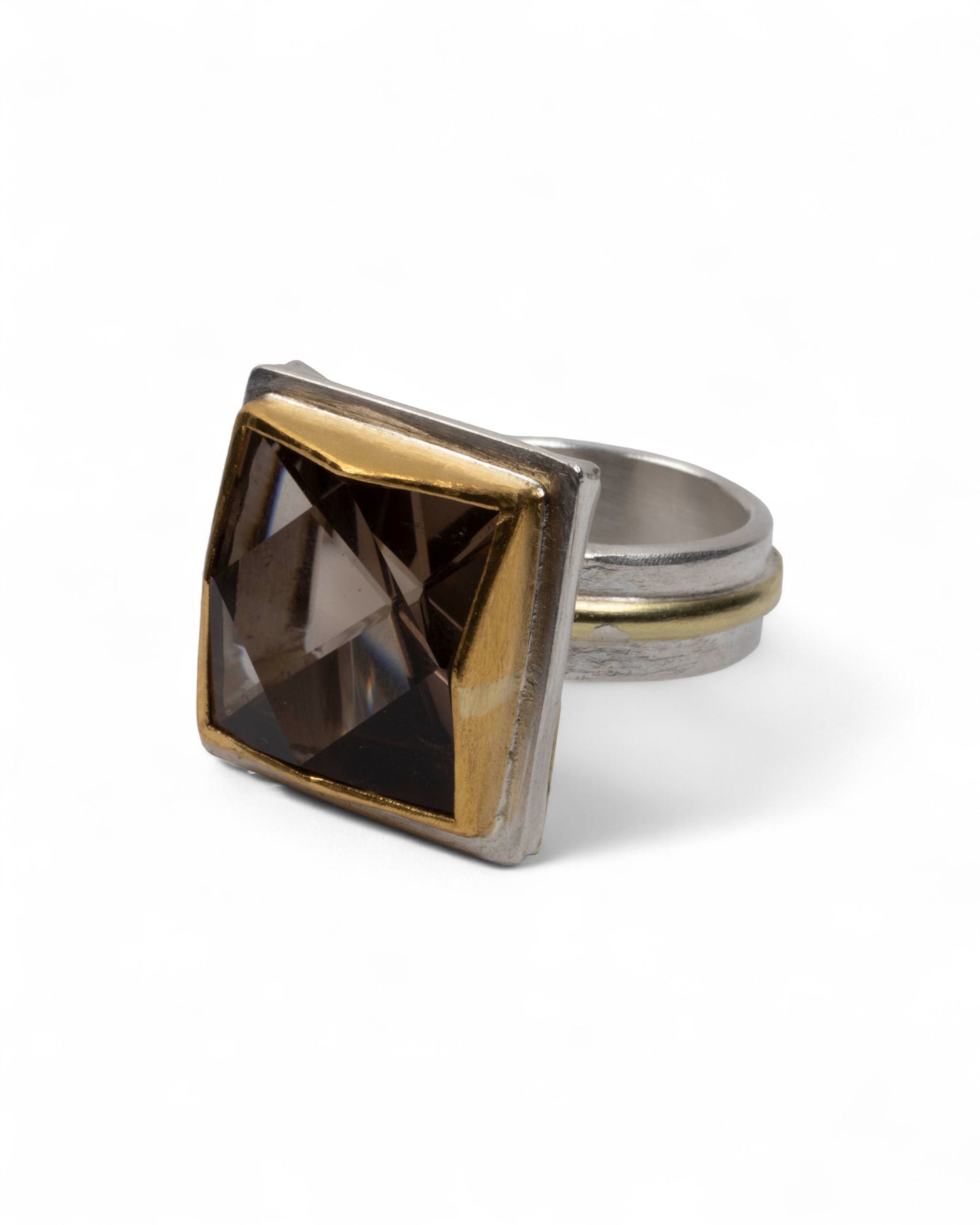 Markanter 925 Silberring mit 999 Feingold und 21,90 ct Rauchquarz – Unikat