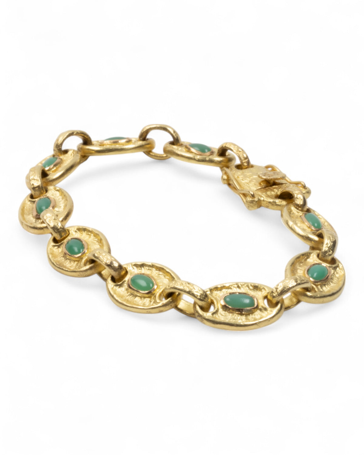 750 Gold-Gliederarmband mit grünen Chrysoprasen (2.34 ct) - Goldschmiede Krack - Trauringe & Unikatschmuck aus Deidesheim