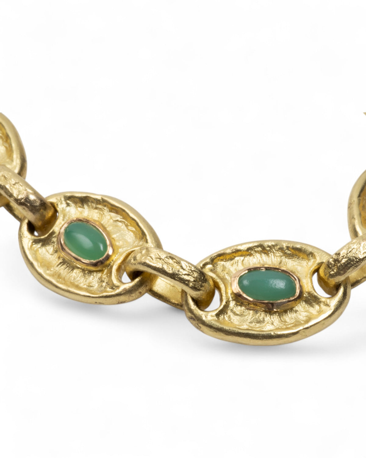 750 Gold-Gliederarmband mit grünen Chrysoprasen (2.34 ct) - Goldschmiede Krack - Trauringe & Unikatschmuck aus Deidesheim
