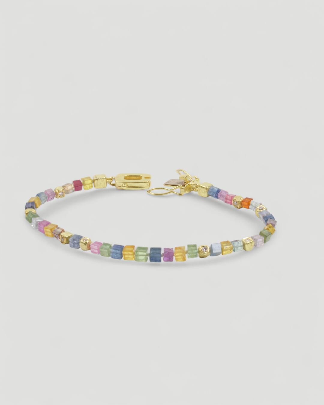 Buntes Saphirarmband mit Kastenschloss aus 750 Gold, liegende Ansicht