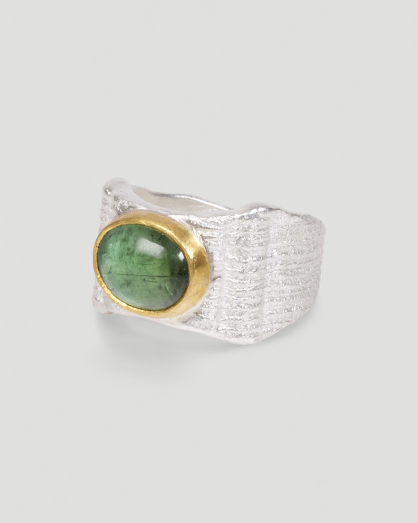 925 Silber Ring mit grünem Turmalin (6,56 ct) und Feingold-Fassung